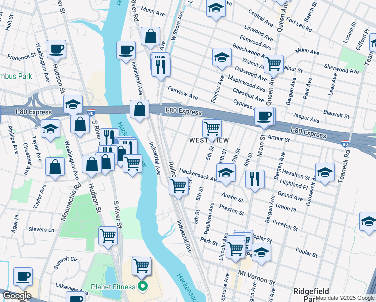 map of restaurants, bars, coffee shops, grocery stores, and more near 137 3rd St in Ridgefield Park