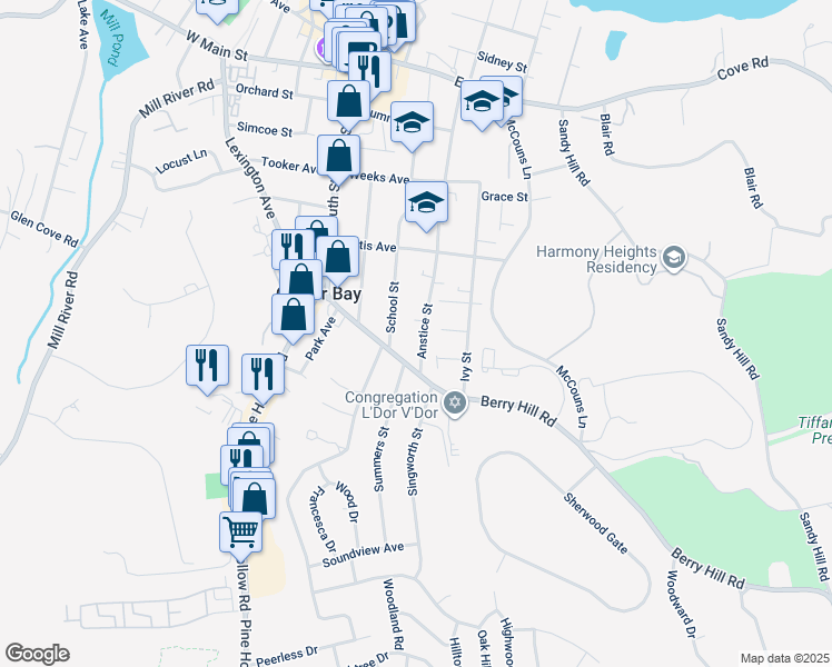 map of restaurants, bars, coffee shops, grocery stores, and more near 220 Anstice Street in Oyster Bay