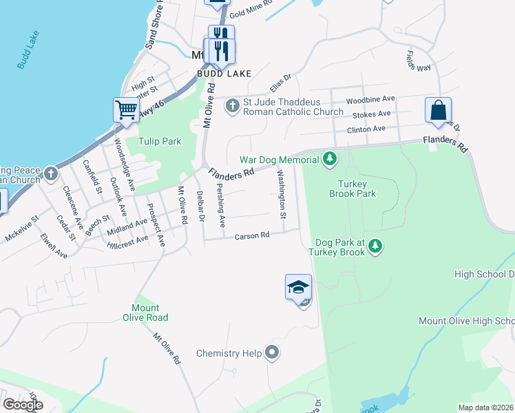 map of restaurants, bars, coffee shops, grocery stores, and more near 12 Stanley Place in Mount Olive