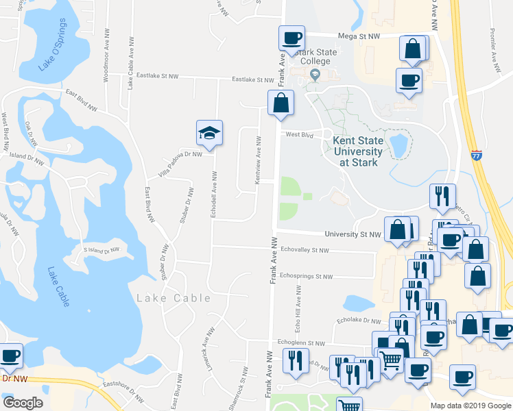 map of restaurants, bars, coffee shops, grocery stores, and more near 5744 Kentview Avenue Northwest in North Canton