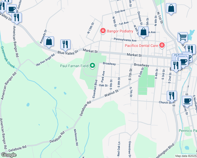 map of restaurants, bars, coffee shops, grocery stores, and more near 996 Chestnut Street in Bangor