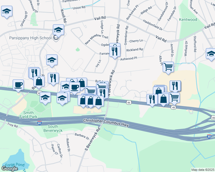 map of restaurants, bars, coffee shops, grocery stores, and more near 46 North Beverwyck Road in Parsippany-Troy Hills