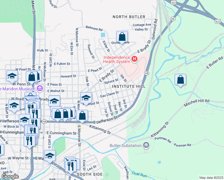 map of restaurants, bars, coffee shops, grocery stores, and more near 307 2nd Street in Butler