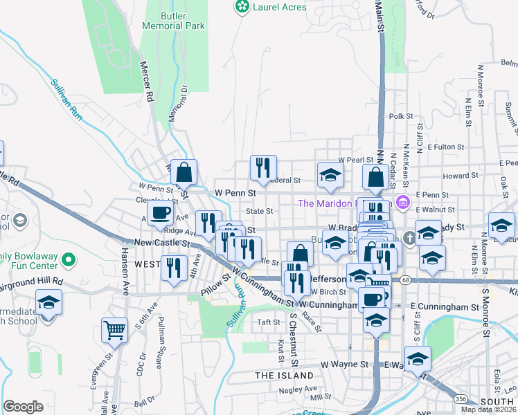 map of restaurants, bars, coffee shops, grocery stores, and more near 323 Broad Street in Butler