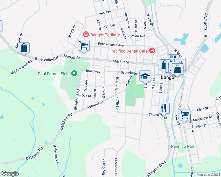 map of restaurants, bars, coffee shops, grocery stores, and more near 724 Chestnut Street in Bangor