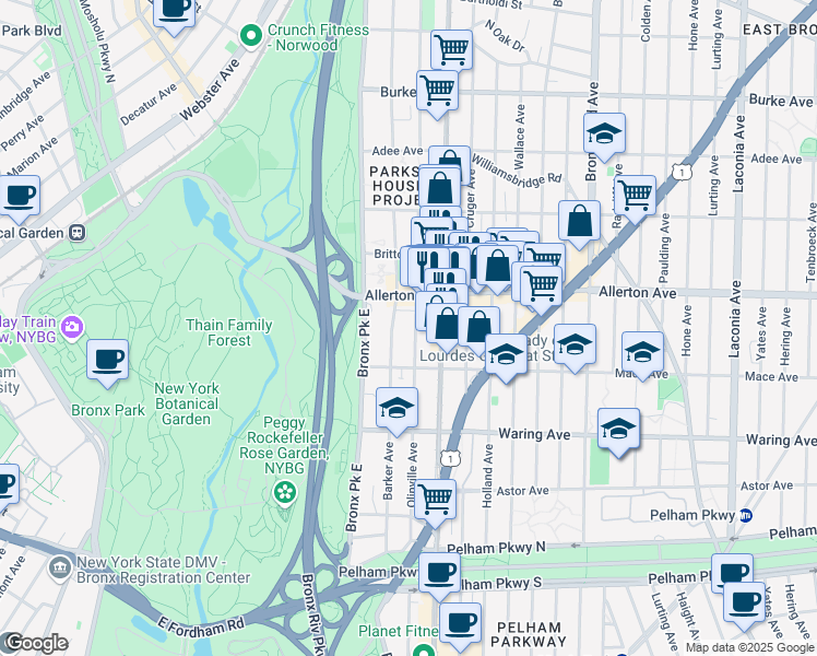 map of restaurants, bars, coffee shops, grocery stores, and more near 2541 Olinville Avenue in Bronx
