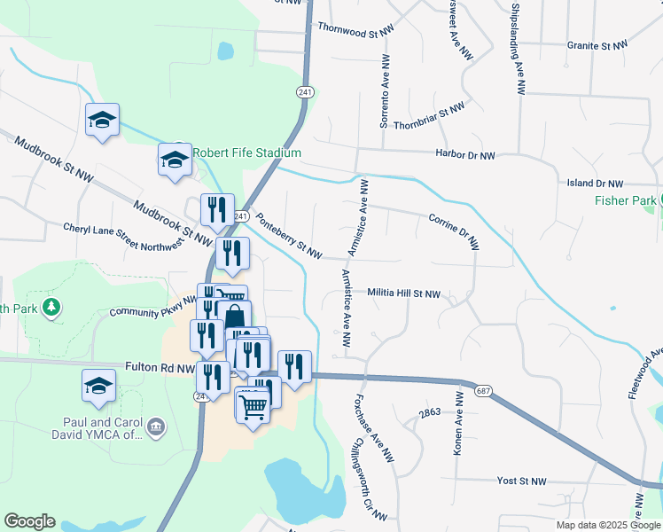 map of restaurants, bars, coffee shops, grocery stores, and more near 6904 Ponteberry Street Northwest in Canton