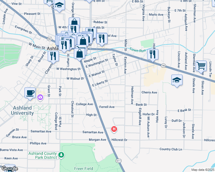 map of restaurants, bars, coffee shops, grocery stores, and more near 128 Diamond Street in Ashland
