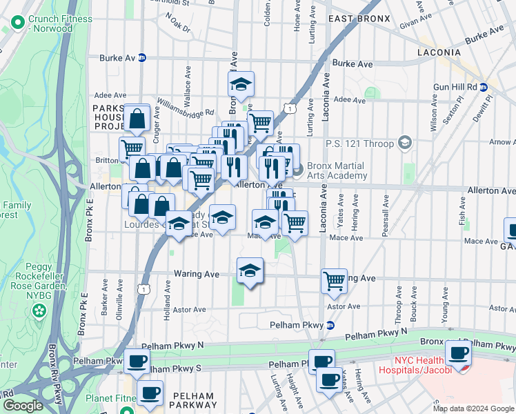 map of restaurants, bars, coffee shops, grocery stores, and more near 2555 Colden Avenue in Bronx