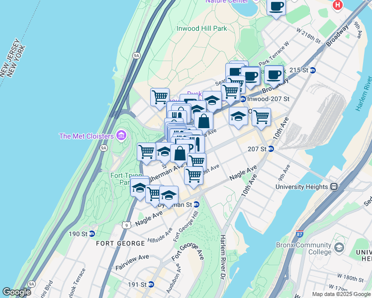 map of restaurants, bars, coffee shops, grocery stores, and more near 11 Vermilyea Avenue in New York