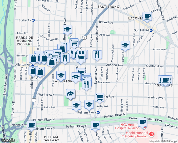 map of restaurants, bars, coffee shops, grocery stores, and more near 2567 Lurting Avenue in Bronx