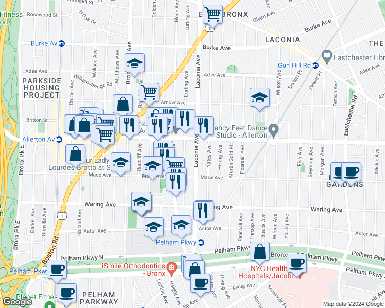 map of restaurants, bars, coffee shops, grocery stores, and more near 2551 Laconia Avenue in Bronx