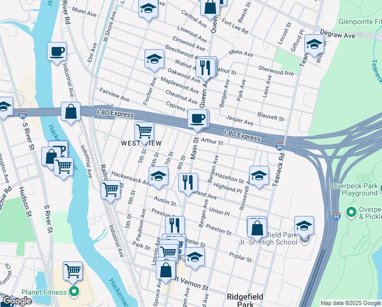 map of restaurants, bars, coffee shops, grocery stores, and more near 398 Main St in Ridgefield Park