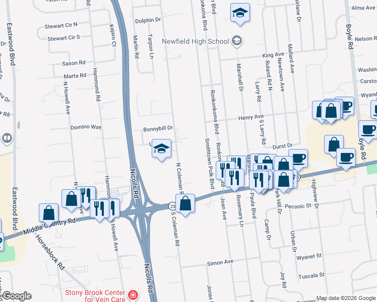 map of restaurants, bars, coffee shops, grocery stores, and more near 35 N Coleman Rd in Centereach