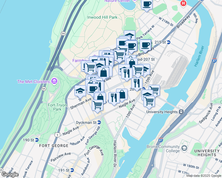 map of restaurants, bars, coffee shops, grocery stores, and more near 155A Sherman Avenue in New York