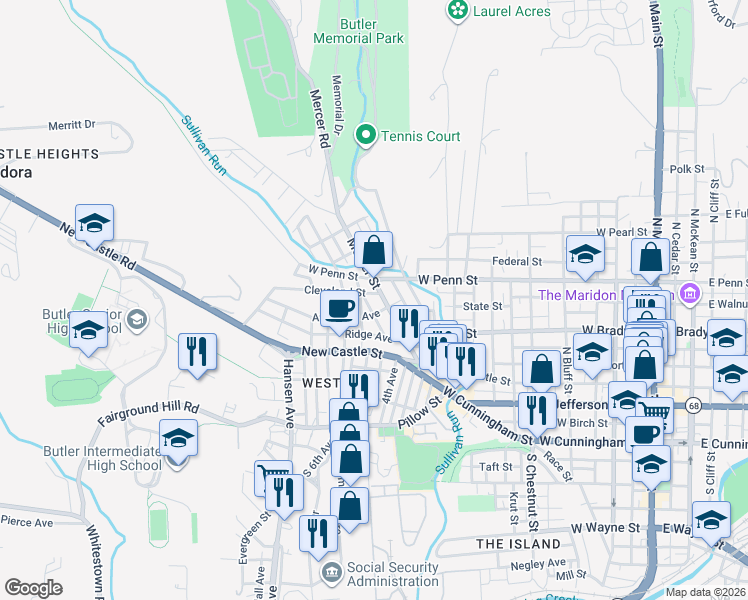 map of restaurants, bars, coffee shops, grocery stores, and more near 108 Cleveland Street in Butler