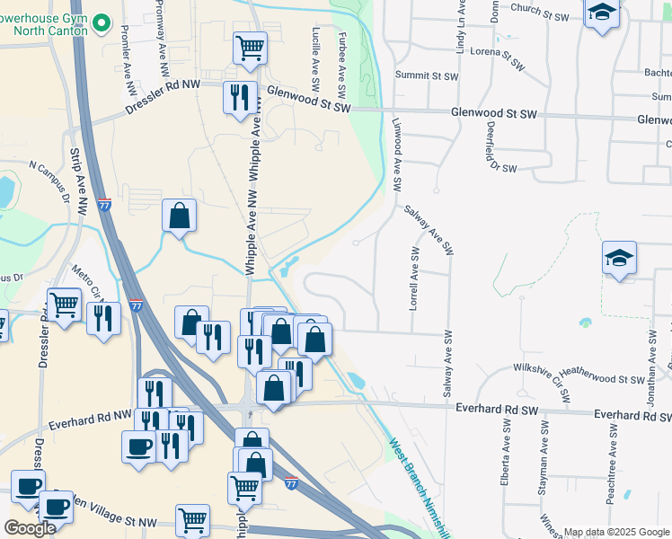 map of restaurants, bars, coffee shops, grocery stores, and more near 3915 Thunderbird Circle Northwest in North Canton