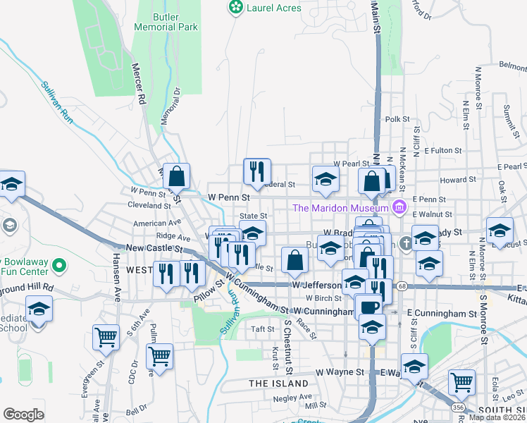 map of restaurants, bars, coffee shops, grocery stores, and more near 323 Broad Street in Butler