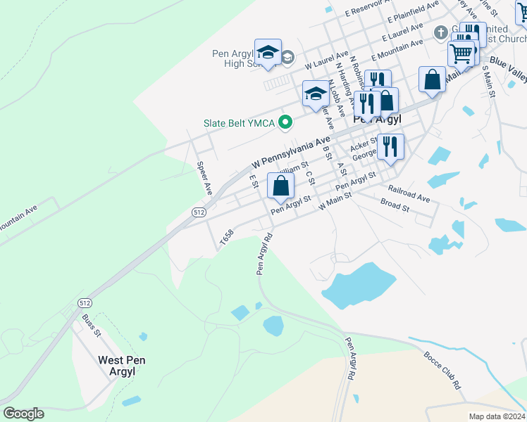 map of restaurants, bars, coffee shops, grocery stores, and more near 701 Pen Argyl Street in Pen Argyl