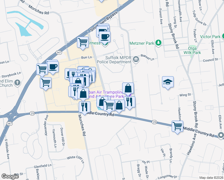 map of restaurants, bars, coffee shops, grocery stores, and more near 1 Carmella Lane in Lake Grove