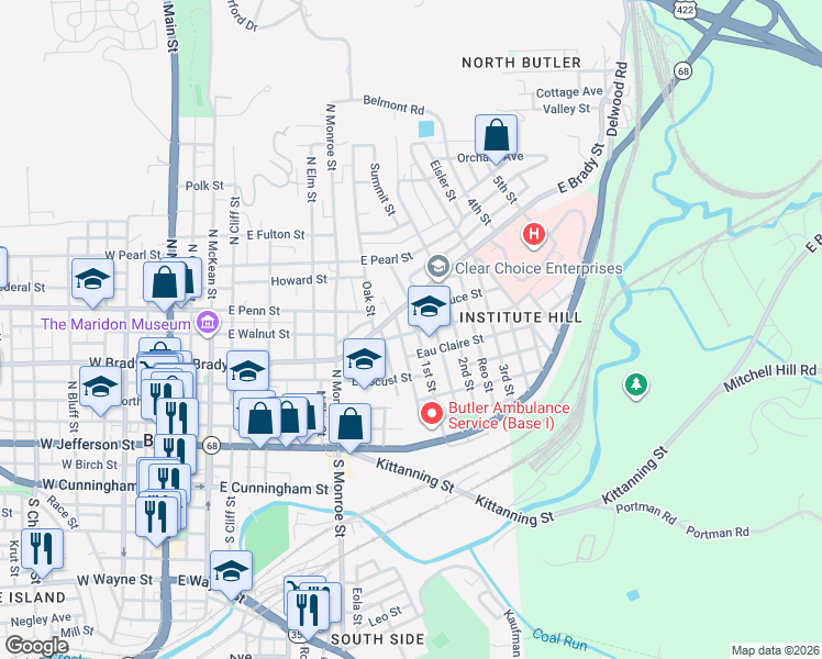 map of restaurants, bars, coffee shops, grocery stores, and more near 320 1st Street in Butler