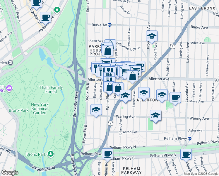 map of restaurants, bars, coffee shops, grocery stores, and more near 2542 White Plains Road in Bronx