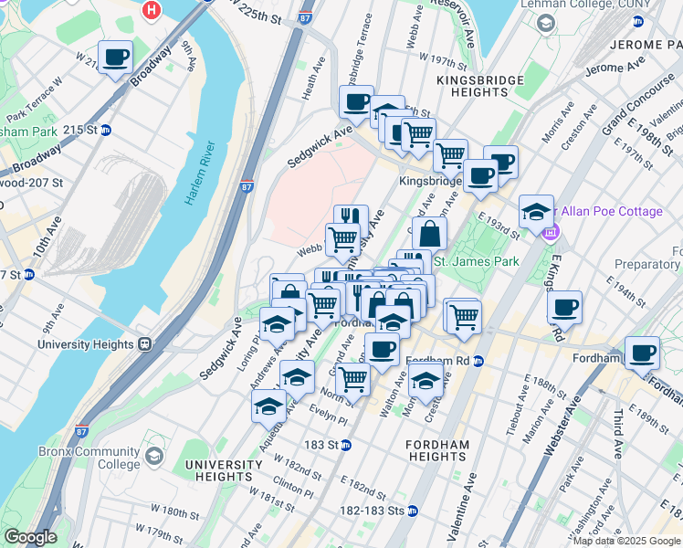 map of restaurants, bars, coffee shops, grocery stores, and more near 2461 University Avenue in Bronx