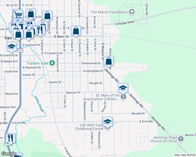 map of restaurants, bars, coffee shops, grocery stores, and more near 528 South Vine Street in Van Wert