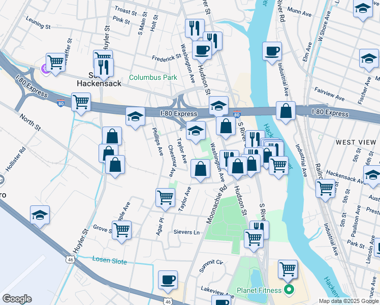 map of restaurants, bars, coffee shops, grocery stores, and more near 425 Williams Ave in Hackensack
