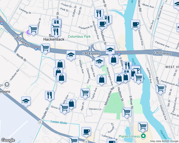 map of restaurants, bars, coffee shops, grocery stores, and more near 418B Chestnut Avenue in South Hackensack