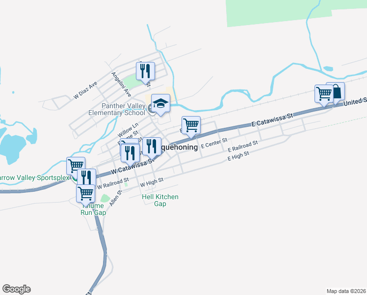 map of restaurants, bars, coffee shops, grocery stores, and more near 34 E Center St in Nesquehoning