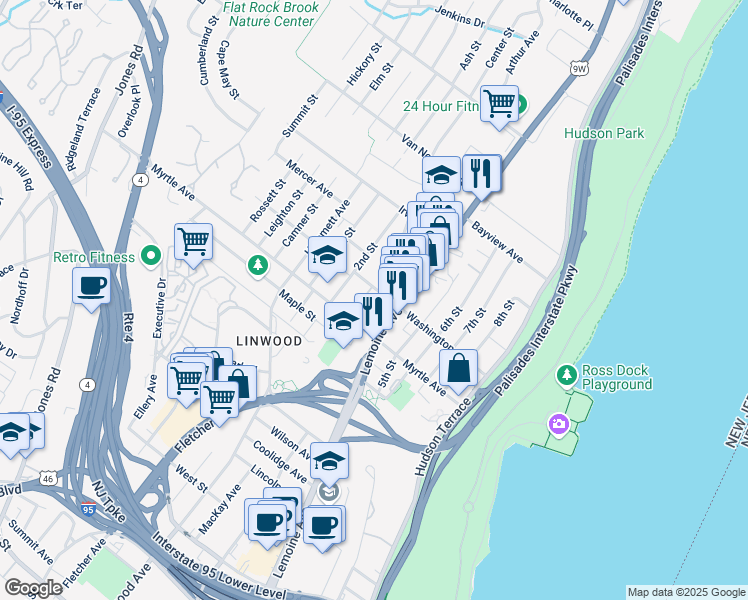 map of restaurants, bars, coffee shops, grocery stores, and more near 234A Washington Avenue in Fort Lee