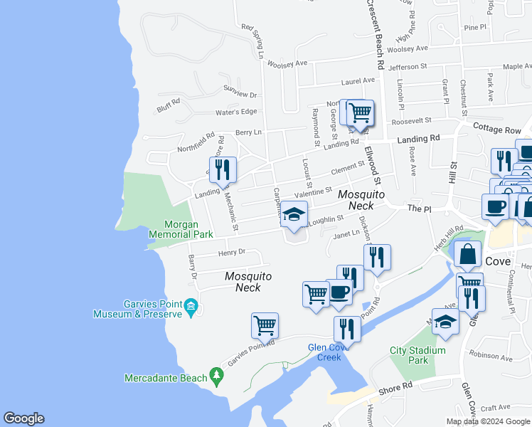 map of restaurants, bars, coffee shops, grocery stores, and more near 76 Coles Street in Glen Cove