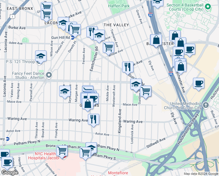 map of restaurants, bars, coffee shops, grocery stores, and more near 2560 Mickle Avenue in Bronx