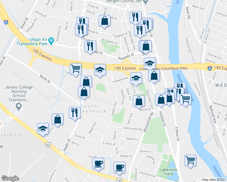 map of restaurants, bars, coffee shops, grocery stores, and more near 87 Phillips Ave in South Hackensack