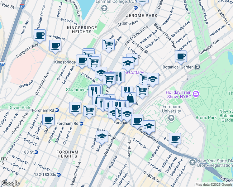 map of restaurants, bars, coffee shops, grocery stores, and more near 2612 Briggs Avenue in Bronx