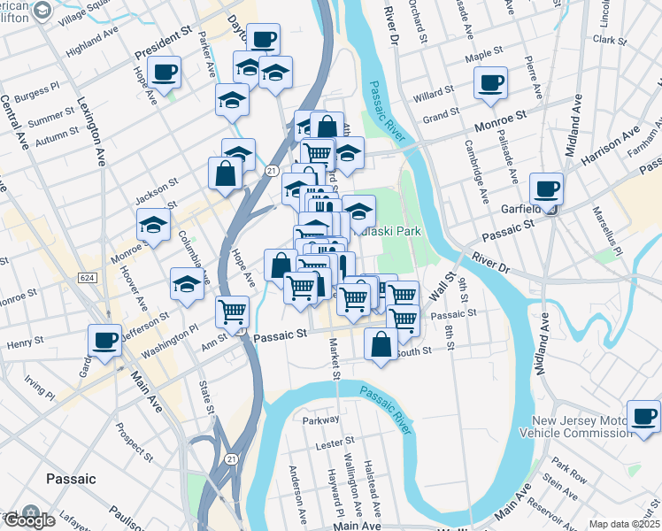 map of restaurants, bars, coffee shops, grocery stores, and more near 92 Market Street in Passaic