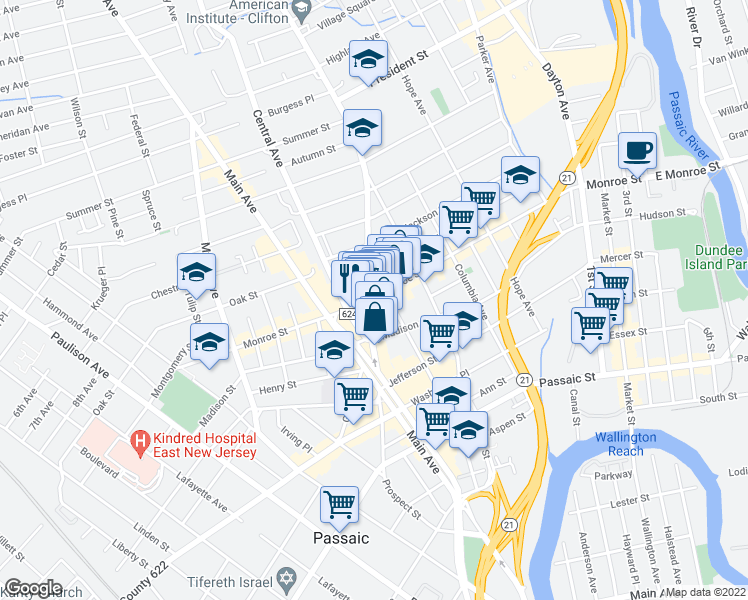 map of restaurants, bars, coffee shops, grocery stores, and more near 307 Monroe Street in Passaic