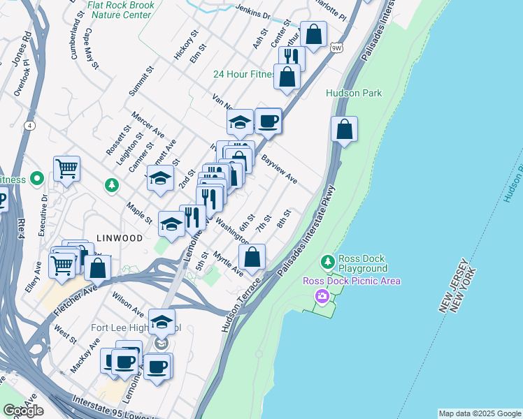 map of restaurants, bars, coffee shops, grocery stores, and more near 6 6th Street in Englewood Cliffs