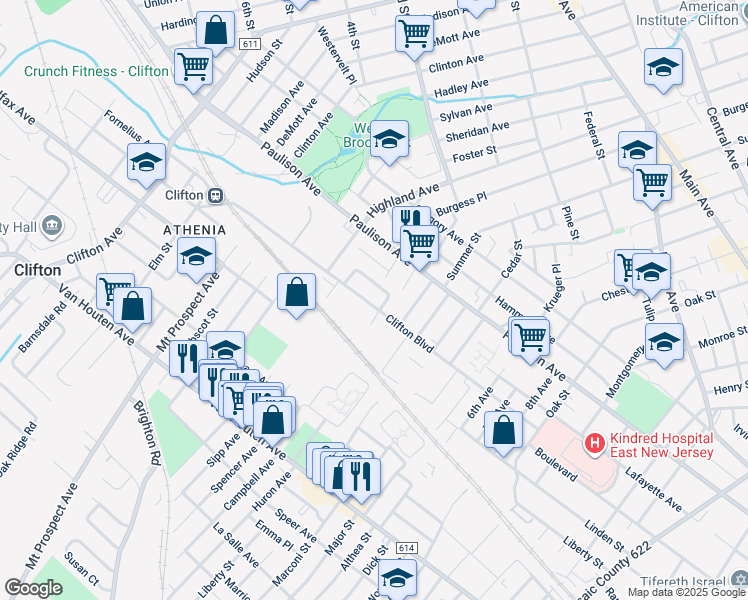 map of restaurants, bars, coffee shops, grocery stores, and more near 116 Clifton Boulevard in Clifton