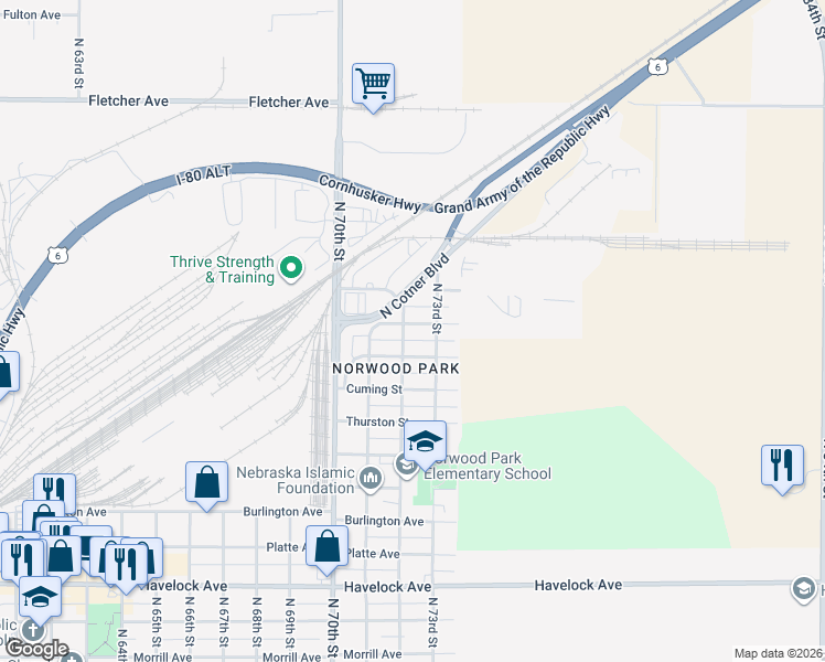 map of restaurants, bars, coffee shops, grocery stores, and more near 5141 North 73rd Street in Lincoln