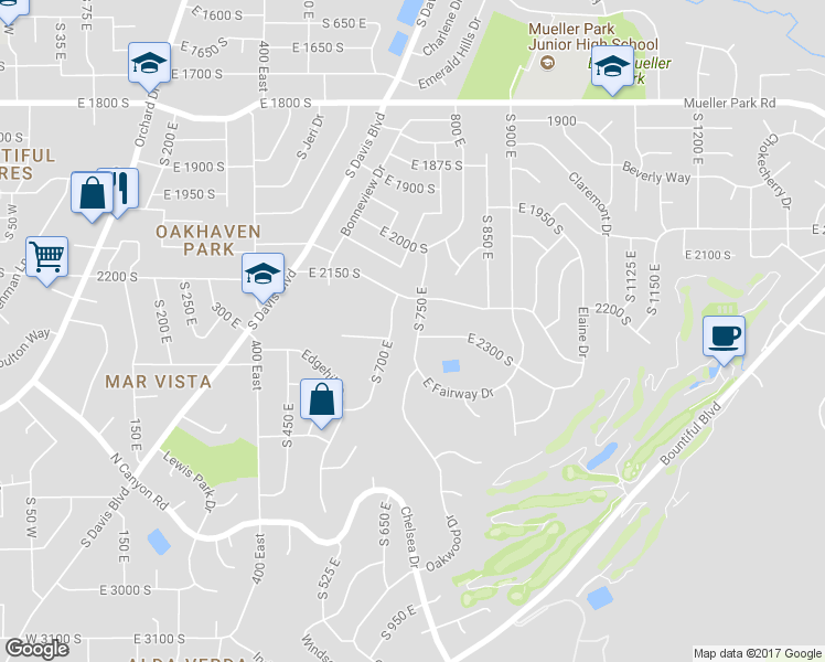 map of restaurants, bars, coffee shops, grocery stores, and more near 2280 South 750 East in Bountiful