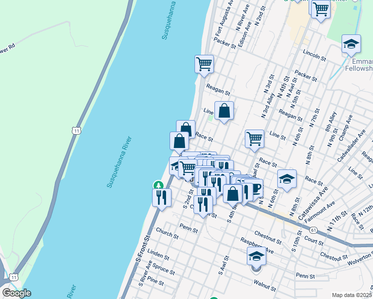 map of restaurants, bars, coffee shops, grocery stores, and more near 110 North Front Street in Sunbury