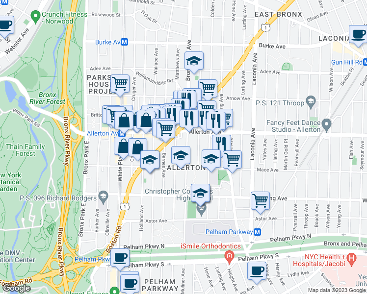 map of restaurants, bars, coffee shops, grocery stores, and more near 2543 Bronxwood Avenue in Bronx