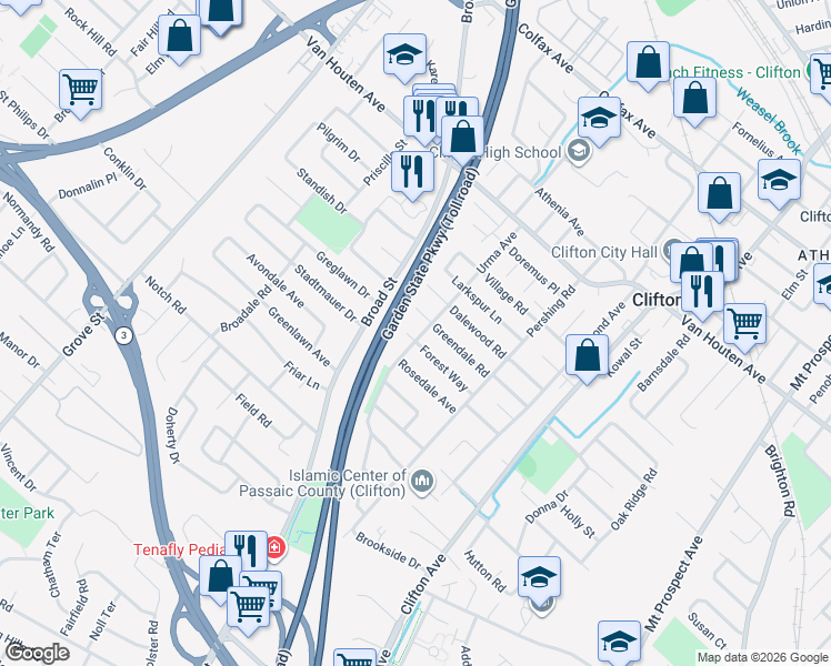 map of restaurants, bars, coffee shops, grocery stores, and more near 68 Forest Way in Clifton