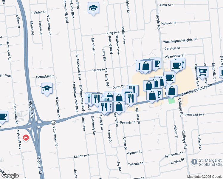 map of restaurants, bars, coffee shops, grocery stores, and more near 6 Durst Drive in Selden