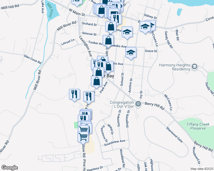 map of restaurants, bars, coffee shops, grocery stores, and more near 17 Park Avenue in Oyster Bay