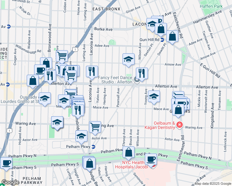 map of restaurants, bars, coffee shops, grocery stores, and more near 2554 Tenbroeck Avenue in Bronx