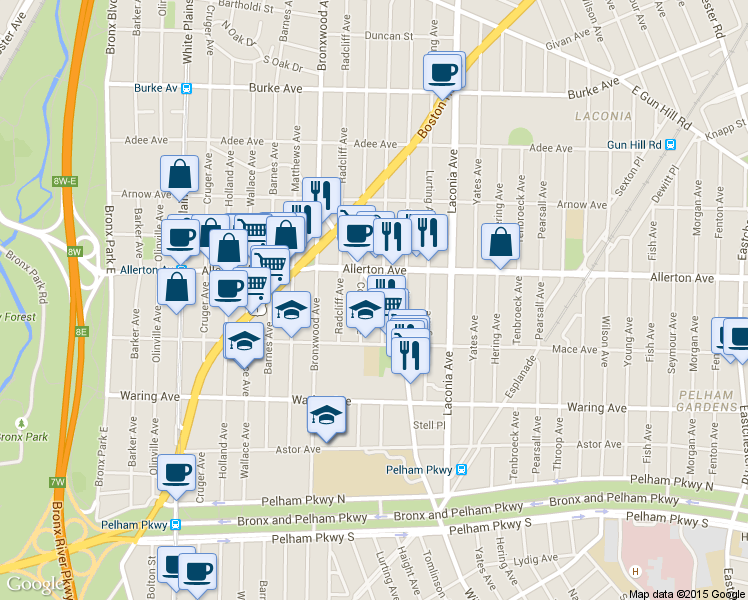 map of restaurants, bars, coffee shops, grocery stores, and more near 2548 Paulding Avenue in Bronx