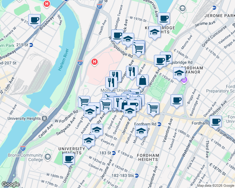 map of restaurants, bars, coffee shops, grocery stores, and more near 2460 University Avenue in The Bronx